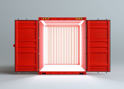 Open red cargo container with light inside. Gray background. 3D rendering