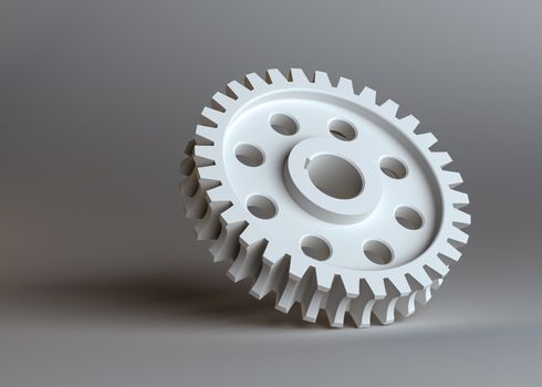 White gear on grey studio background. 3D Illustration