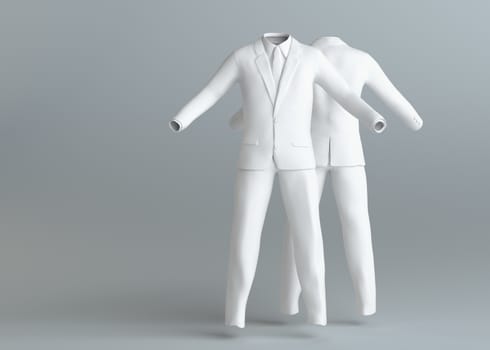 White empty elegance suit without people on gray background. Template for your content. 3d illustration