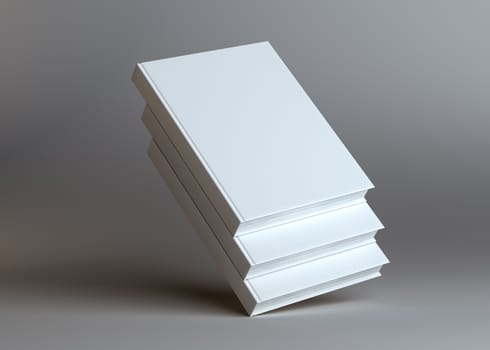 Blank three empty books on grey studio background. Empty place for your content. 3D Illustration