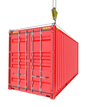 Red Cargo Container Hoisted By Hook, Isolated on White Background. 3D Illustration. Transportation Concept. Template For Your Design