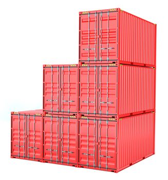 Stacked red cargo containers over white 3D Illustration