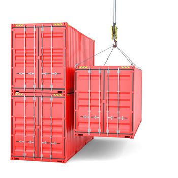 Shipping containers with crane hook, cargo. Isolated on White background. 3d rendering