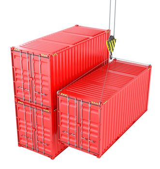 Shipping containers with crane hook, cargo. Isolated on White background. 3d rendering