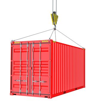 Red Cargo Container Hoisted By Hook, Isolated on White Background. 3D Illustration. Transportation Concept. Template For Your Design