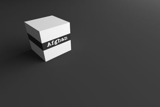 3D RENDERING WORD Afghan WRITTEN ON WHITE CUBE WITH BLACK PLAIN BACKGROUND