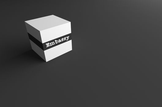 3D RENDERING WORD Embassy WRITTEN ON WHITE CUBE WITH BLACK PLAIN BACKGROUND