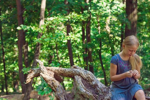 Girl sitting on a tree stump in a forest