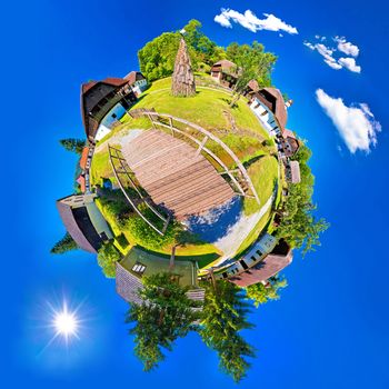 Village of Kumrovec countryside planet perspective panorama, birth place of Josip Broz Tito, Zagorje region of Croatia