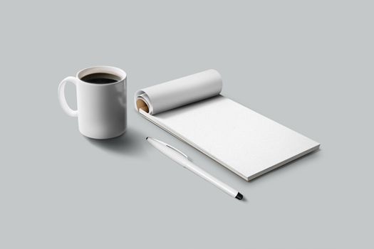 notebook with pen and coffee Cup on the surface.