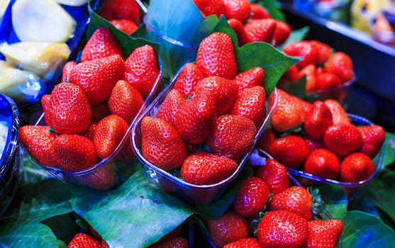 Fresh strawberries in a market of Barcelona