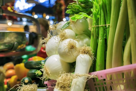 fresh onions in a market