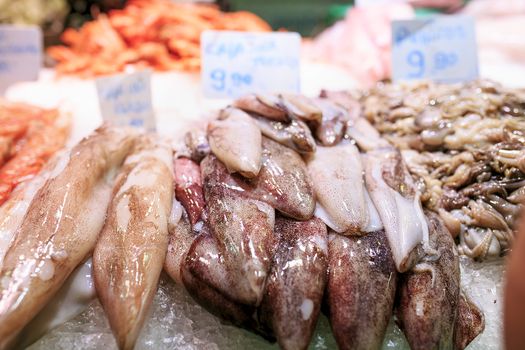 Fresh seafood in a food market of Barcelona