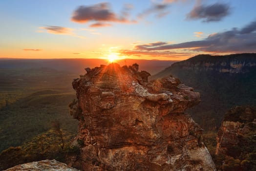 Sun setting over the Blue Mountains west of Sydney with views into the Megalong Valley