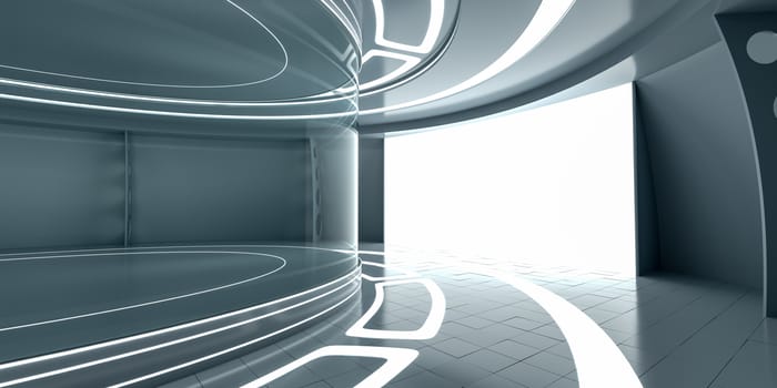 Abstract futuristic interior with glowing panel. 3D Rendering