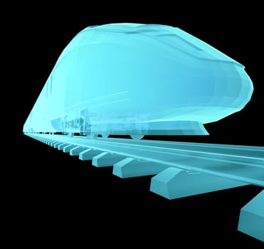 Glow blue high-speed train on black background. 3d illustration