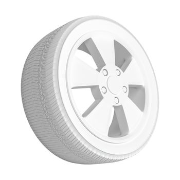 White Car Wheel on White Background. 3D Illustration