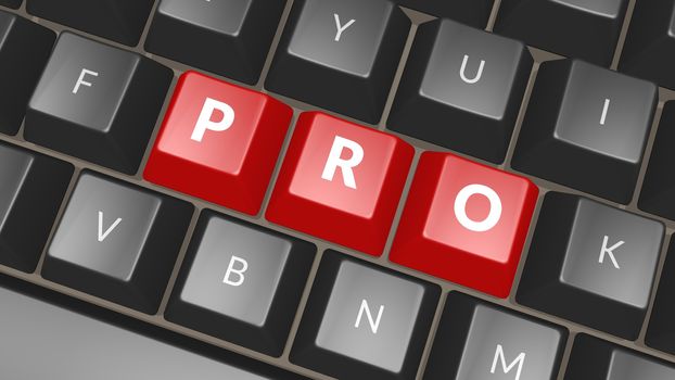 Word PRO on black keyboard. Komputer key showing the word Pro. Professional expert icon. 3D illustration