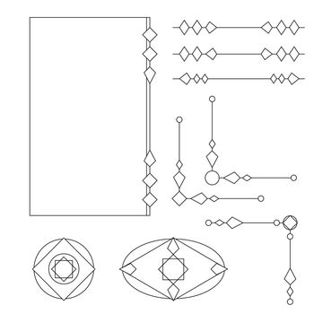  set of ornate line art frames and borders. Black outline elements for invitations or greeting cards.