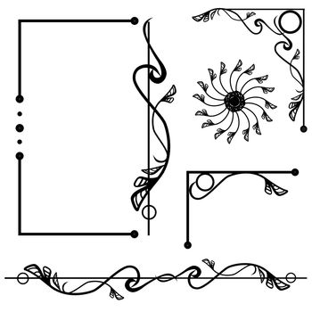  set of ornate line art frames and borders. Black outline elements for invitations or greeting cards.