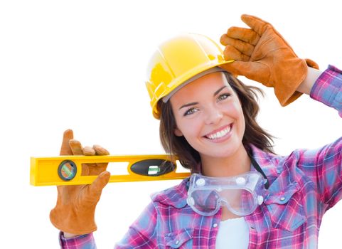Young Attractive Female Construction Worker with Level Wearing Gloves, Hard Hat and Protective Goggles Isolated On White.