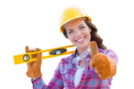 Young Female Construction Worker with Thumbs Up Holding Level Wearing Gloves, Hard Hat and Protective Goggles Isolated On White.