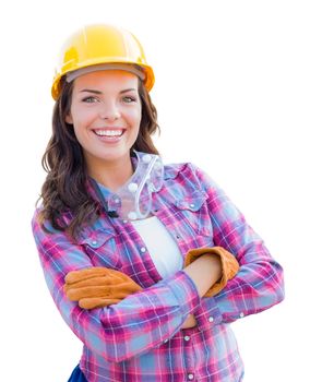 Young Attractive Female Construction Worker Wearing Gloves, Hard Hat and Protective Goggles Isolated on White.