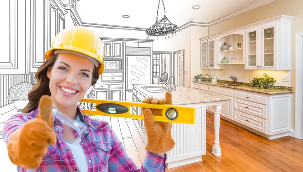 Female Construction Worker In Front of Custom Kitchen Drawing Gradating to Finished Kitchen Photo.