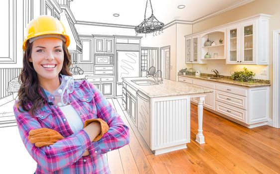 Female Construction Worker In Front of Custom Kitchen Drawing Gradating to Finished Kitchen Photo.