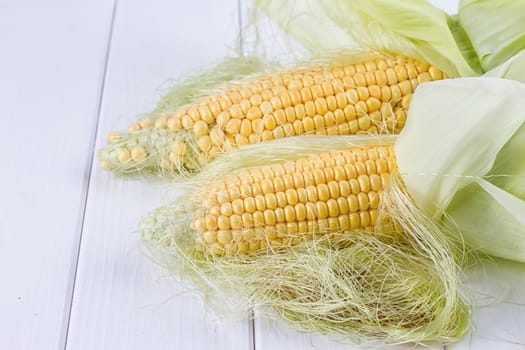 fresh corns on the wooden white background