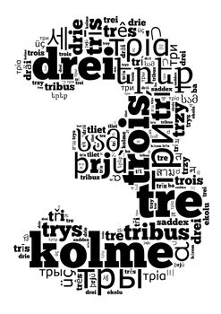 Number three in different languages wordcloud text concept