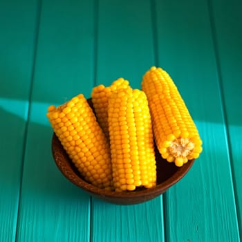 Boiled corn on a blue wood background