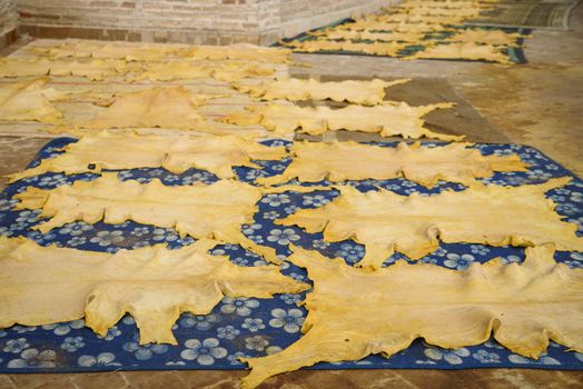 Tannery in the middle of souk in Fez, Morocco. Traditional leather tannery from the 11th century is now biggest tourits attraction in Fes.