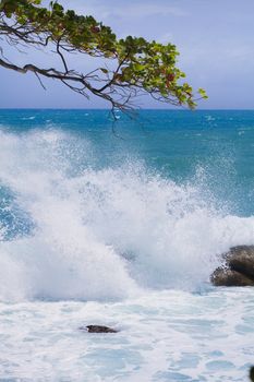 Stormy ocean waves beautiful seascape big powerful tide in action storm weather in a deep blue sea forces of nature natural disaster.ocean wave 