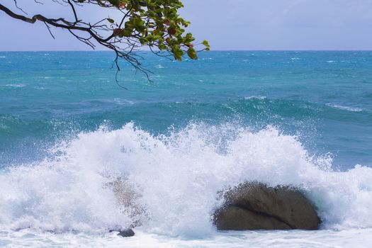 Stormy ocean waves beautiful seascape big powerful tide in action storm weather in a deep blue sea forces of nature natural disaster.ocean wave 