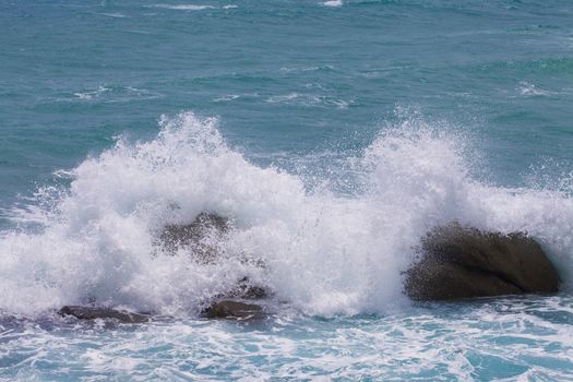 Stormy ocean waves beautiful seascape big powerful tide in action storm weather in a deep blue sea forces of nature natural disaster.ocean wave 