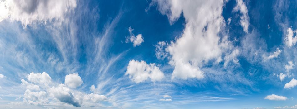 gorgeous cloudscape panorama on a blue summer sky. beautiful weather background with dynamic cloud arrangement