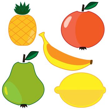 Set of different fruits. Flat icons in cartoon style on white background. Pineapple, pear, lemon, banana and apple.
