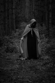 Halloween concept. A witch in a robe among the forest. Photo for your design.