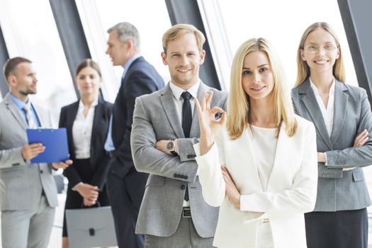 Confident business team portrait in office against the window