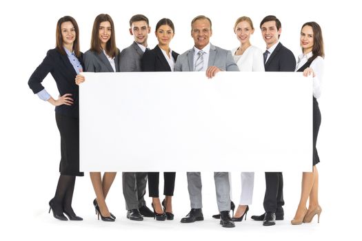 Group of business people holding white blank banner isolated on white background