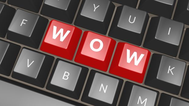 Word WOW on black keyboard. Komputer key showing the word Wow. Professional expert icon. 3D illustration