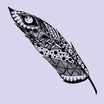 Hand drawn doodle zentangle feather isolated from background. Black and white illustration.