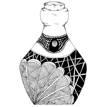 Decorative bottles hand-drawn, in zentangle style. 
Monochrome color. graphics. Black and white.