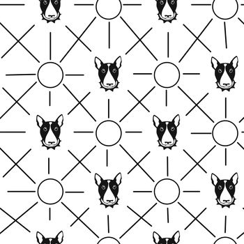 Happy dog bull terrier background. Seamless pattern.