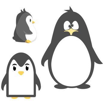 Abstract cute penguins set in cartoon style isolated on white background. Funny image illustration.