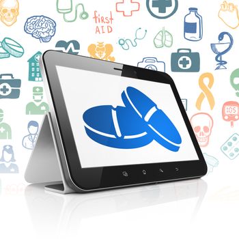 Healthcare concept: Tablet Computer with  blue Pills icon on display,  Hand Drawn Medicine Icons background, 3D rendering