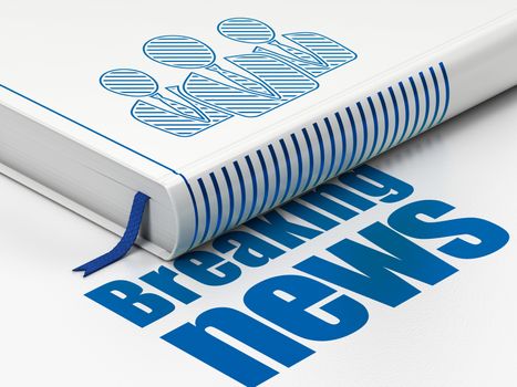 News concept: closed book with Blue Business People icon and text Breaking News on floor, white background, 3D rendering