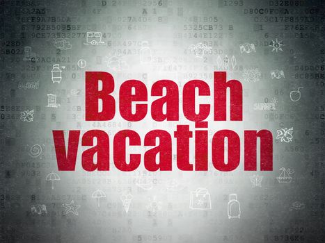 Tourism concept: Painted red text Beach Vacation on Digital Data Paper background with  Hand Drawn Vacation Icons