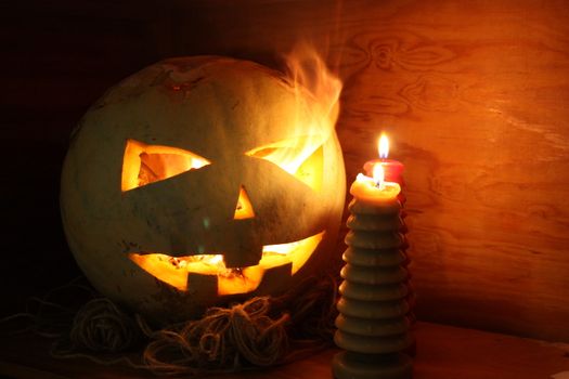 Halloween concept. The pumpkin smiling is burning in the fire. Photo for your design